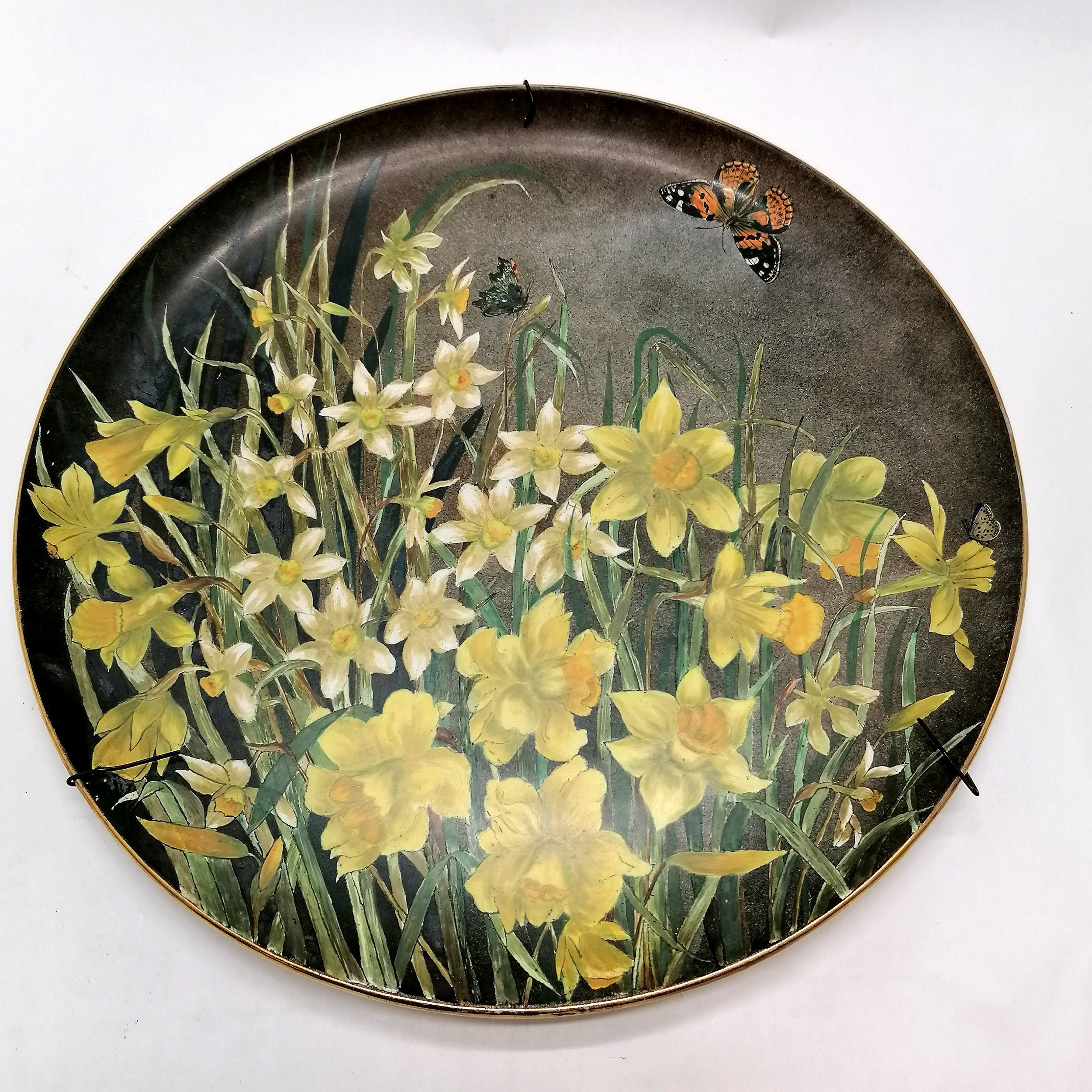 1883 May J Heyworth hand painted pottery wall charger titled 'Narcissus & daffodils' (with butterfly - Image 2 of 8