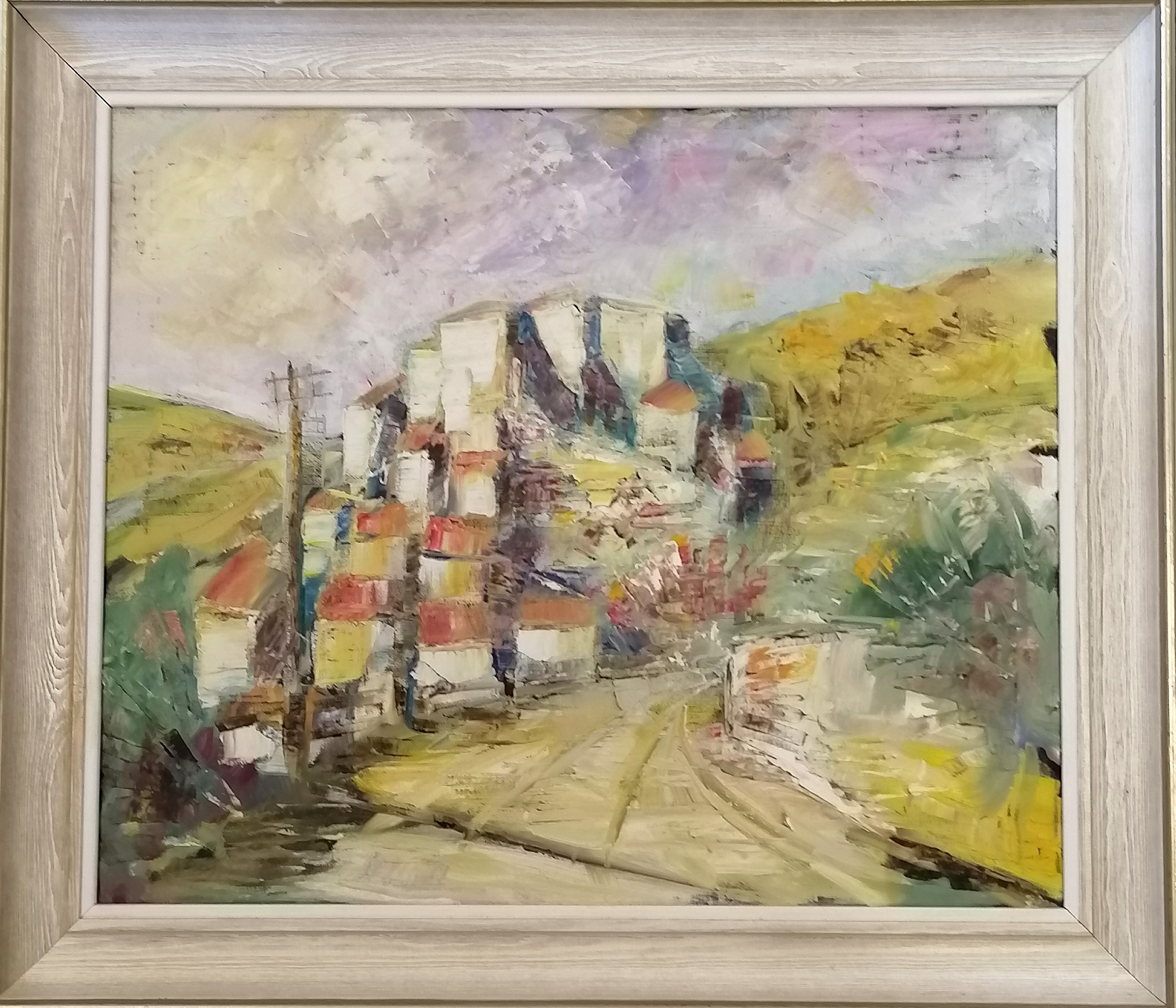 Italian oil on canvas painting of a village scene (with artists details on reverse) - frame 63cm x