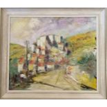 Italian oil on canvas painting of a village scene (with artists details on reverse) - frame 63cm x