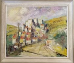 Italian oil on canvas painting of a village scene (with artists details on reverse) - frame 63cm x