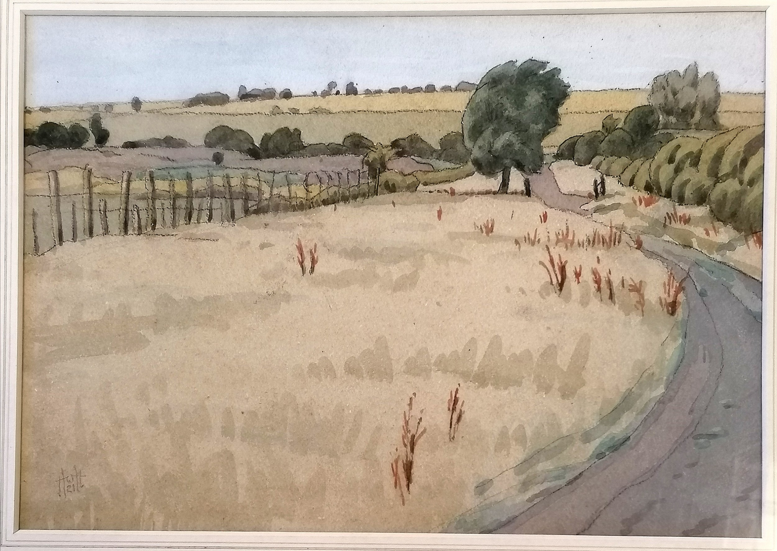 1921 watercolour painting of a rural scene with HWH (?) monogram - frame 45cm x 54cm