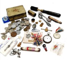 Mixed lot inc coins (inc silver), badges, Naval button clip-on earrings, golly badge, 12 bore