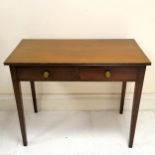 Antique mahogany 2 drawer side table on square tapered legs, in good used condition, 90 cm wide x 46
