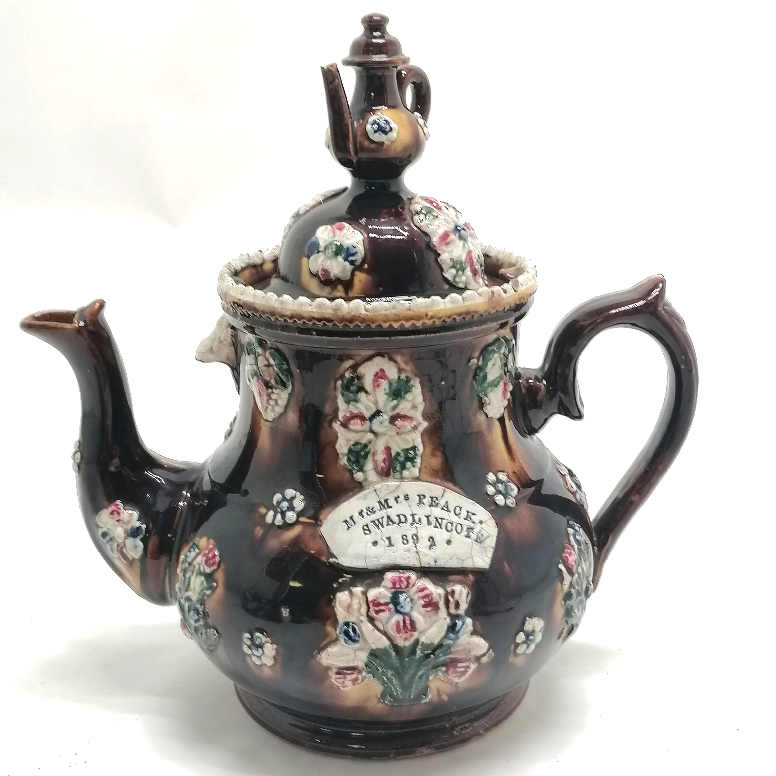 Antique bargeware treacle glaze teapot bearing plaque Mr & Mrs Peack (Peacock) Swadlincote 1892 with