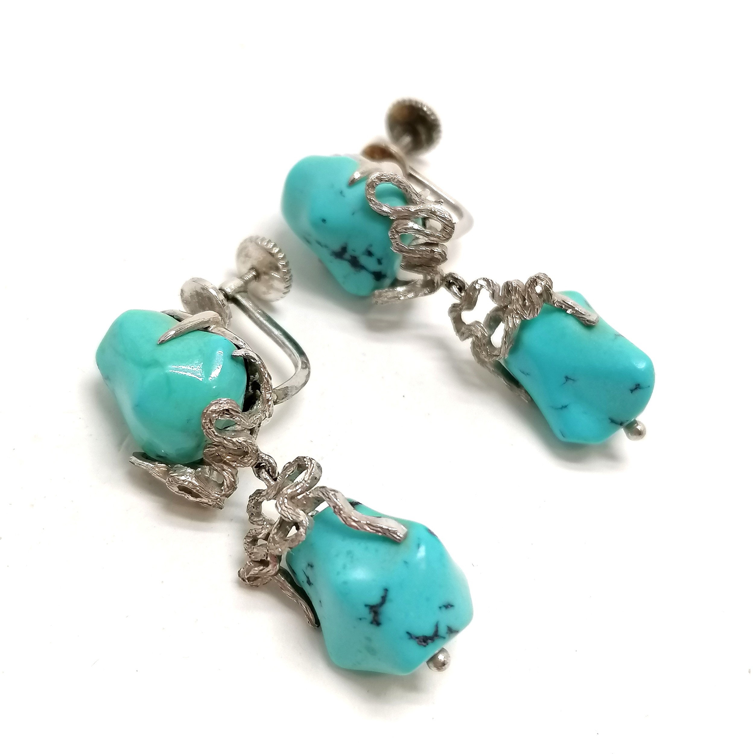 14ct marked white gold 1970's turquoise set screw back drop earrings - 4cm & 16.8g total weight - Image 2 of 3