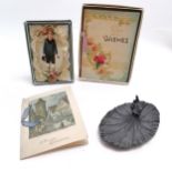 3 antique greetings cards T/W an antique cast metal ring stand as a hand 14cm long