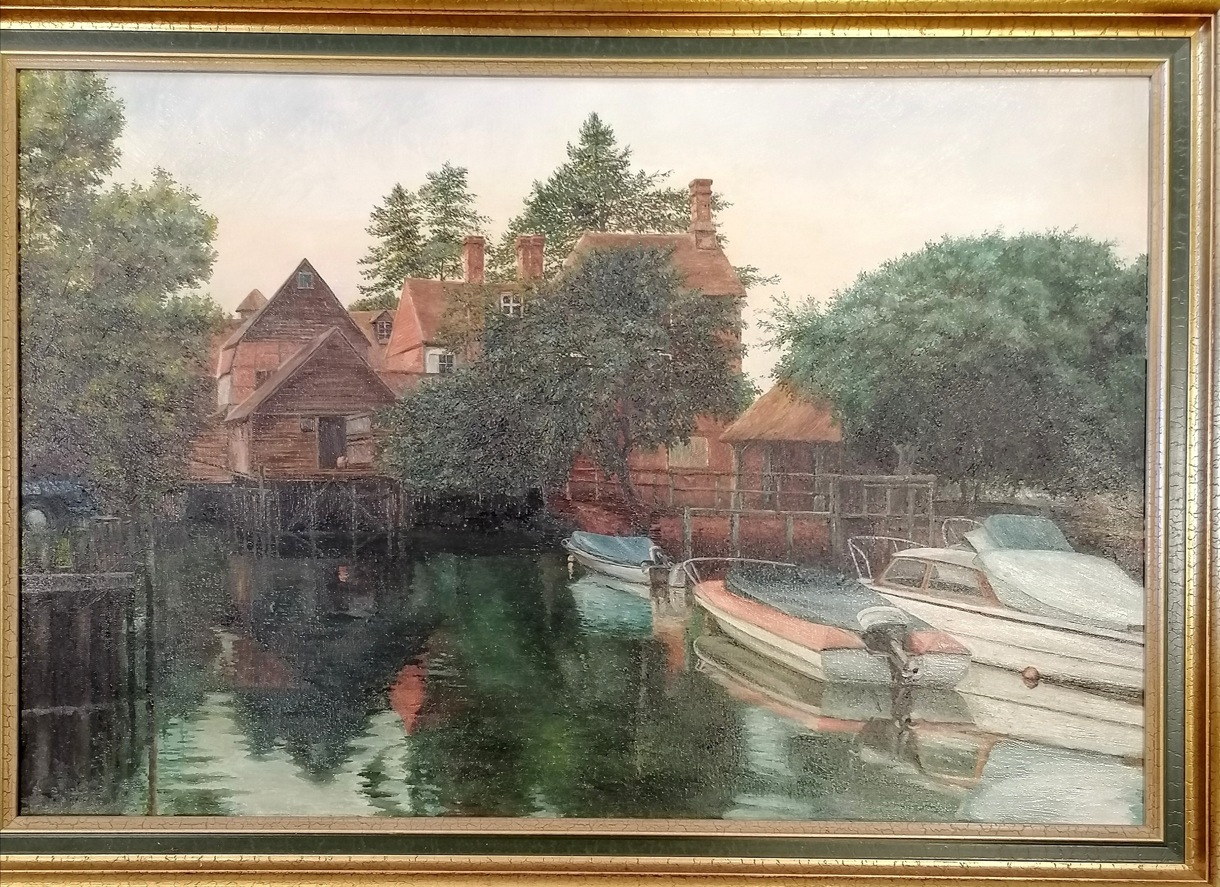 1972 original oil painting on canvas of a river scene with boats & building - 59cm x 85cm