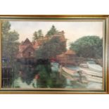 1972 original oil painting on canvas of a river scene with boats & building - 59cm x 85cm