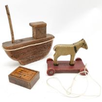 Antique hand made pull along wooden horse toy, naive wooden boat made from driftwood & antique