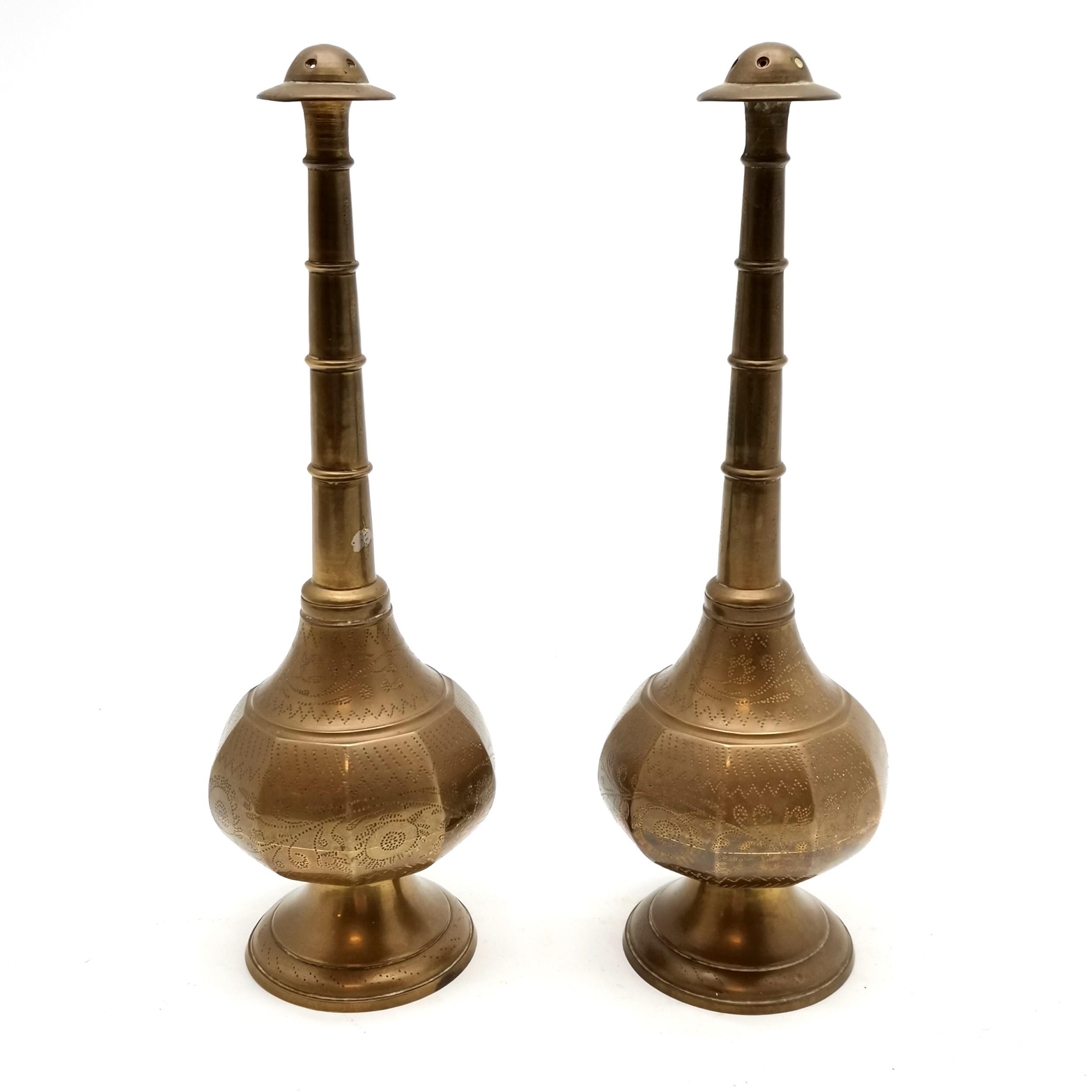 Pair of Antique (?) Eastern brass rosewater sprinklers - 22cm high, t/w framed indian watercolour of - Image 2 of 3