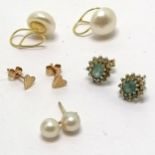 4 x pairs of marked gold earrings inc pearl, stone set, heart (unmarked) - 4.2g total weight -