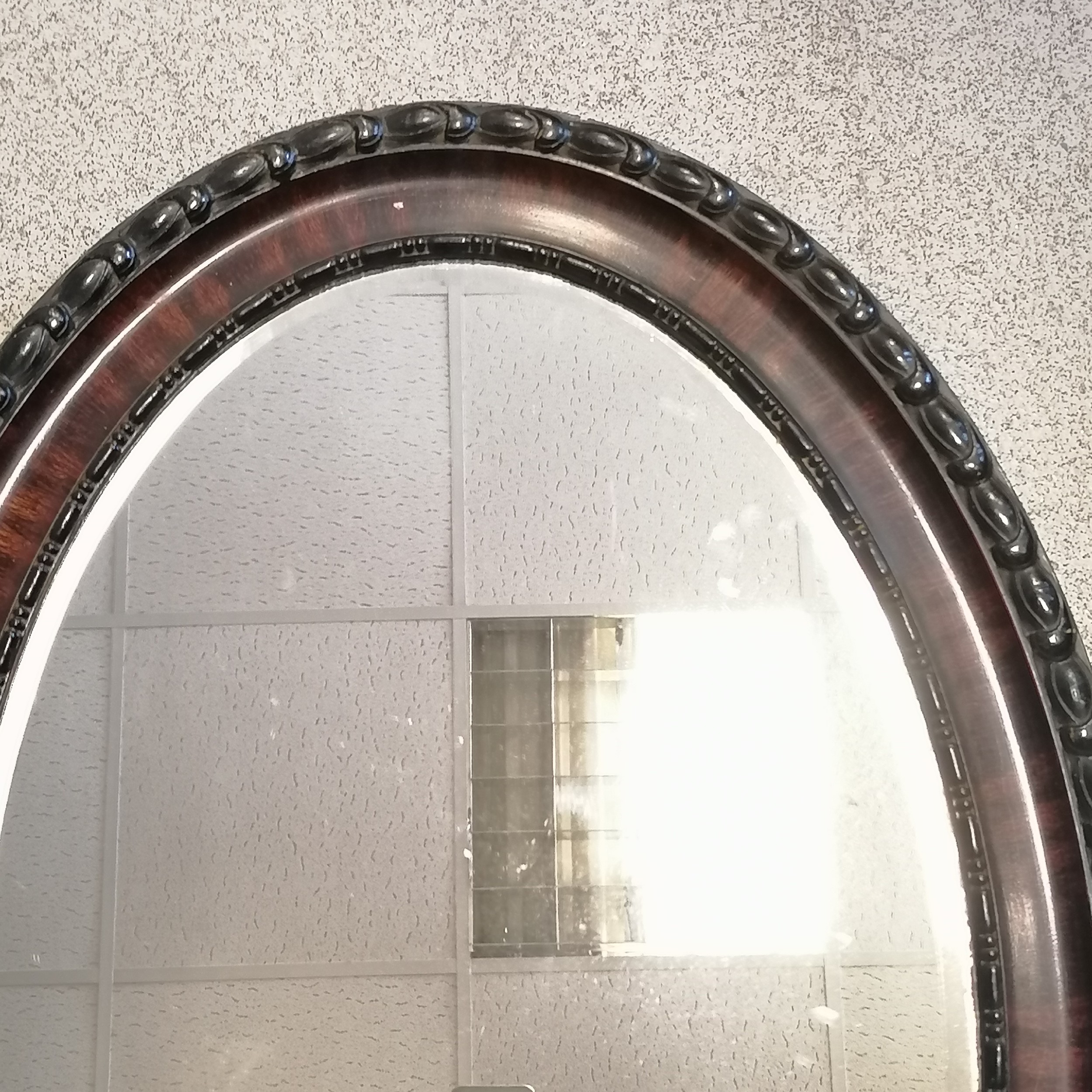 Antique large oval wall bevel edged mirror with faux wood scumble detail - 88cm x 63cm and has - Image 2 of 2