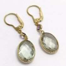 9ct marked gold earrings set with pale blue stone (aquamarine?) - 4cm drop & 3.7g total weight