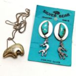 Silver Bear Navajo turquoise set earrings by Sam Kee (5.5cm drop) t/w unmarked silver bear pendant