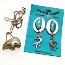 Silver Bear Navajo turquoise set earrings by Sam Kee (5.5cm drop) t/w unmarked silver bear pendant
