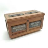 Oak antique maintenance fund / lecture fund donation box with bronze plaques with enamel detail -