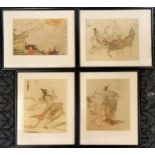 Set of 4 oriental framed prints depicting musicians and dancers etc, 25.5 cm wide x 32 cm height.