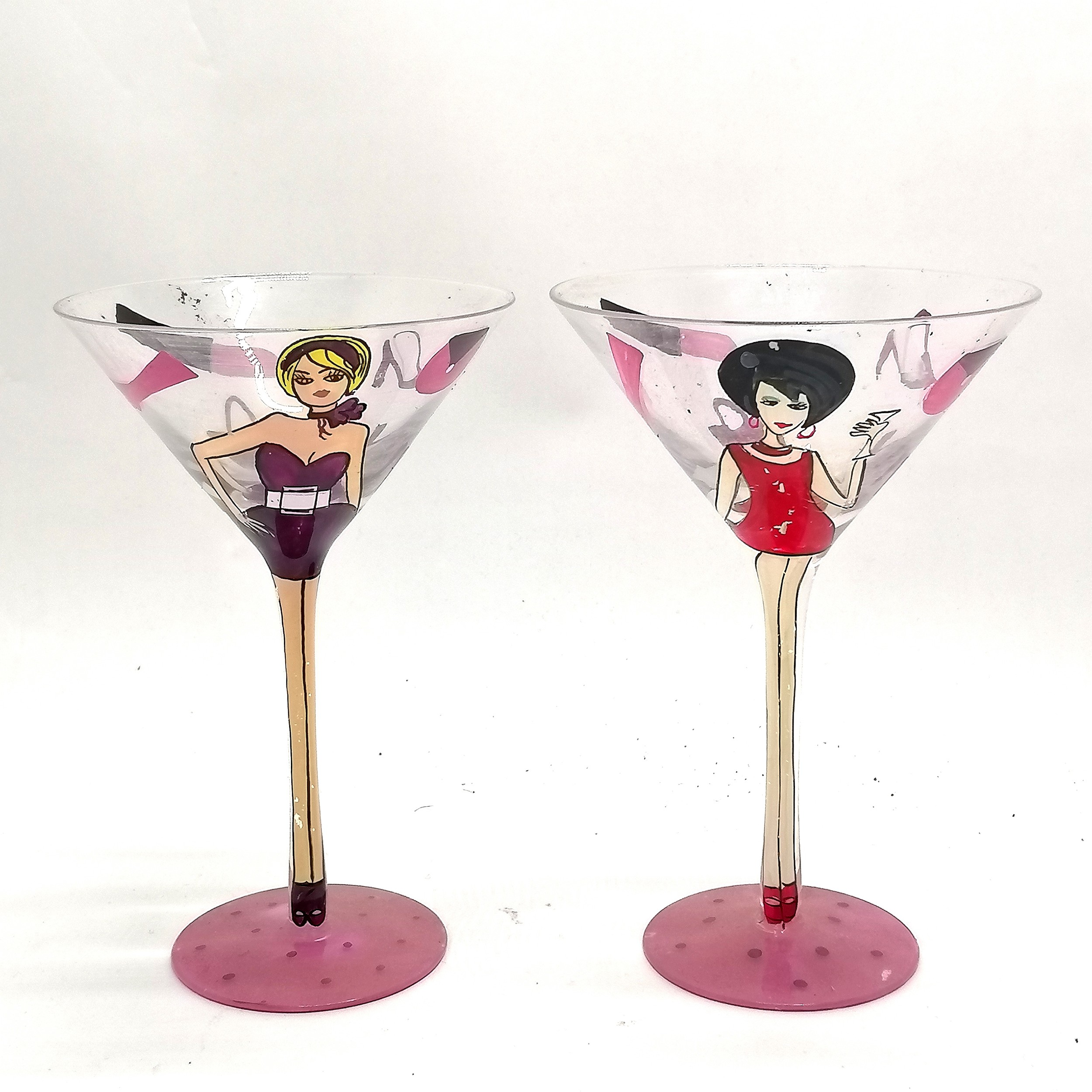 Pair of novelty cocktail glasses with hand decorated 1960's fashion - 19cm high x 12cm diameter
