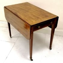 Antique mahogany crossbanded and inlaid Pembroke table with single end drawer on square tapering