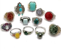 12 x silver marked stone set rings inc blue stone with frog / butterfly shoulders etc - total weight