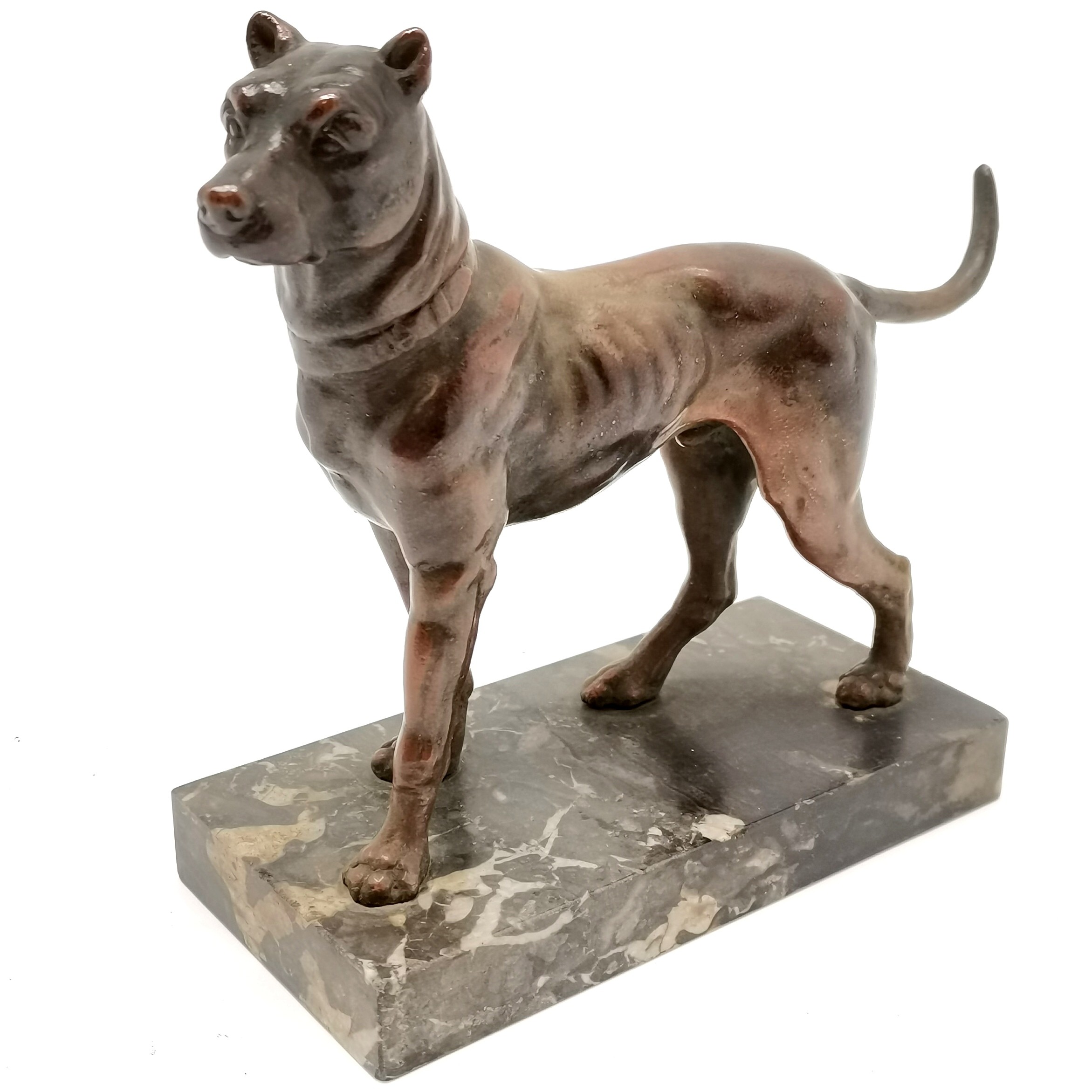 Antique spelter figure of a dog on a marble base - 16.5cm high and base 15cm x 8cm