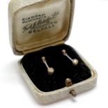 Antique 9ct marked gold diamond drop earrings (1.5cm drop & 1.1g total weight) in original Fred J