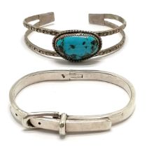 Unusual silver buckle / belt design bangle (6cm internal diameter) t/w unmarked turquoise cuff