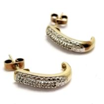 9ct marked gold diamond set half hoop earrings - 1.8cm drop & 2.5g total weight