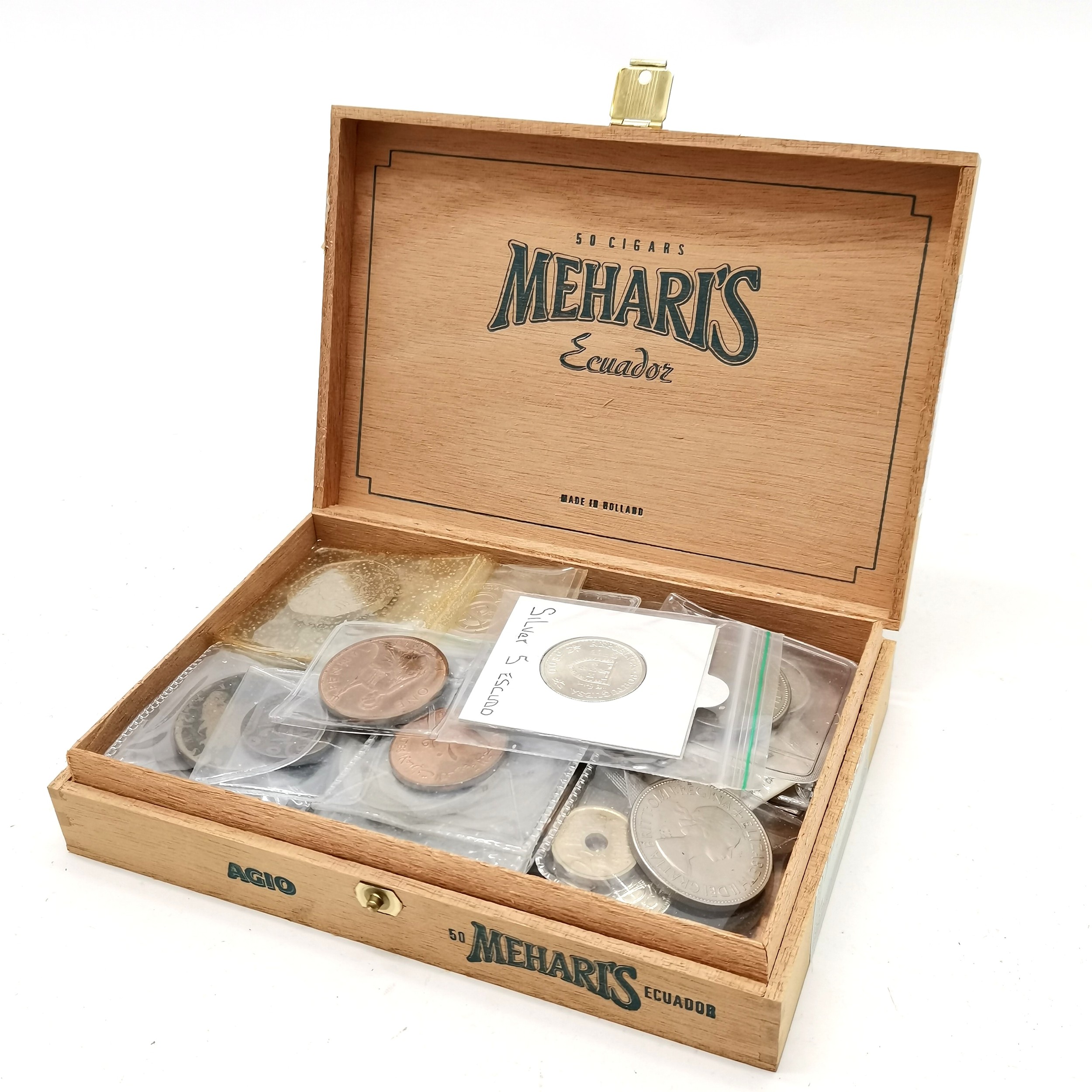 Mehari's (Ecuador) cigar box containing qty of coins (British & World from George III+) - Image 4 of 11