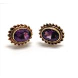 9ct hallmarked gold amethyst stone set earrings with rope twist border - approx 10mm across & 1.6g