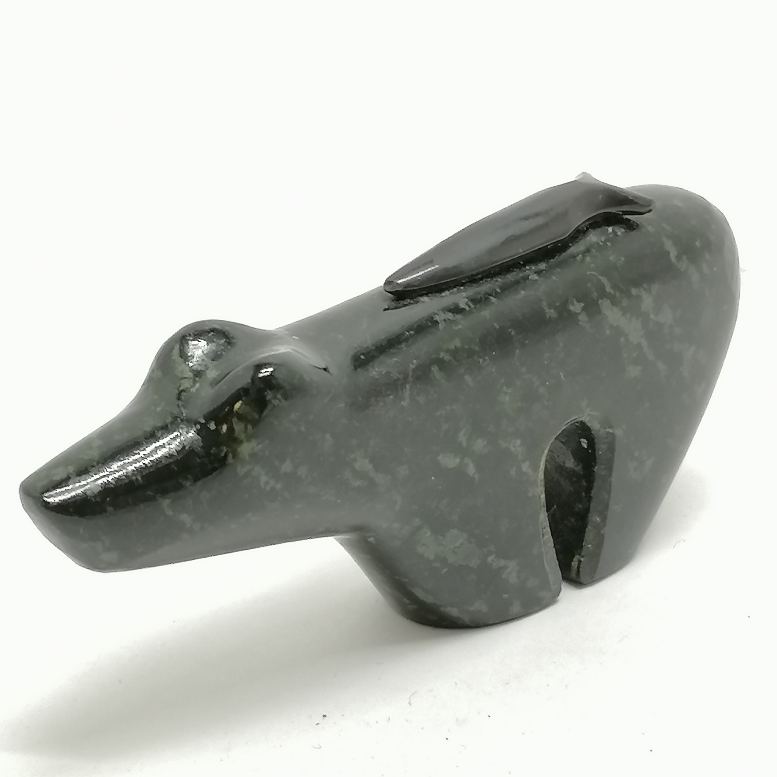 Inuit hand carved polar bear with fish on back by RH - 9.5cm long x 4.5cm high with no obvious - Image 4 of 4