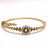 Antique unmarked gold (touch tests as 15ct) pearl set bangle - 5.5cm internal diameter across &