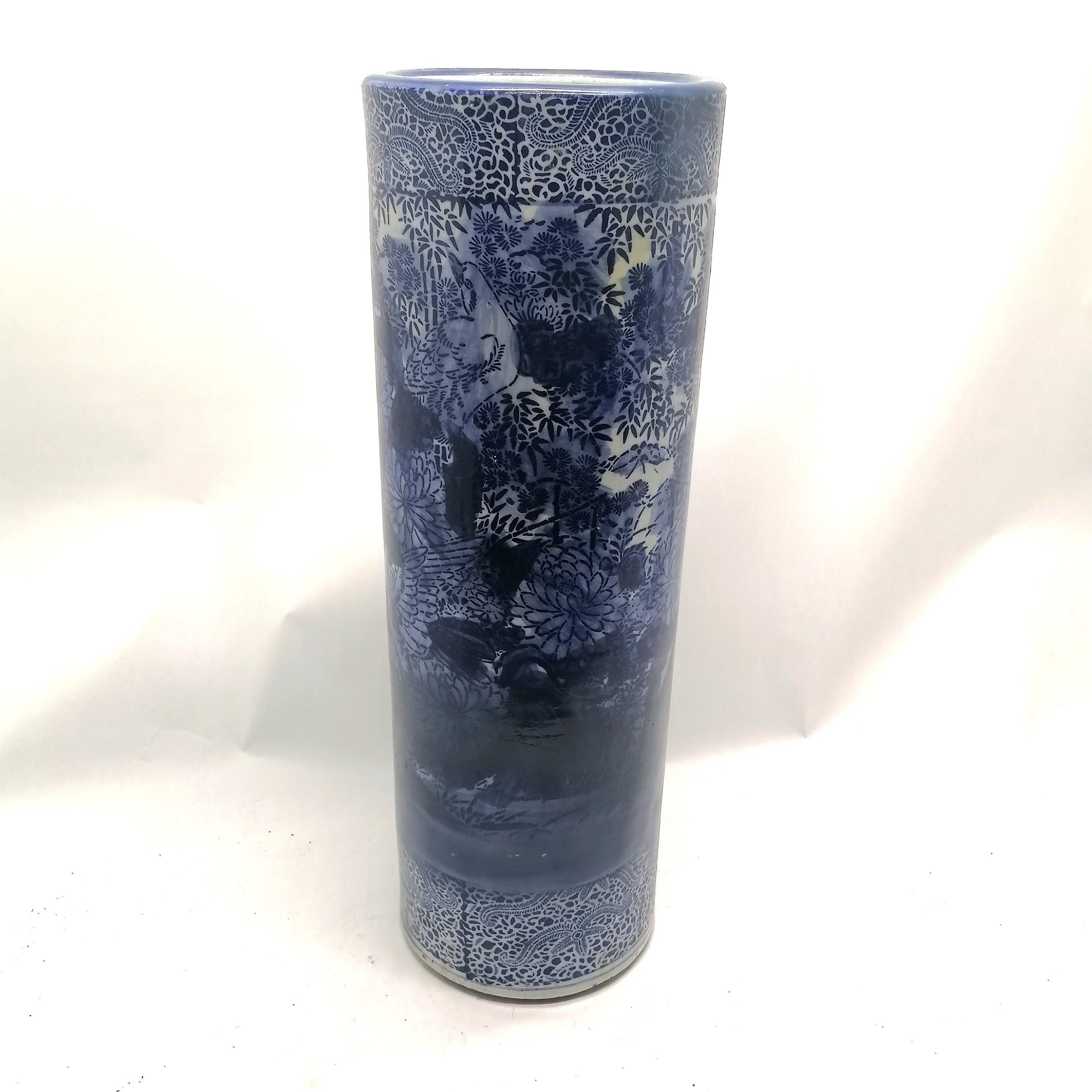 Oriental antique blue & white china stick stand with floral decoration - 62.5cm high x 22cm diameter