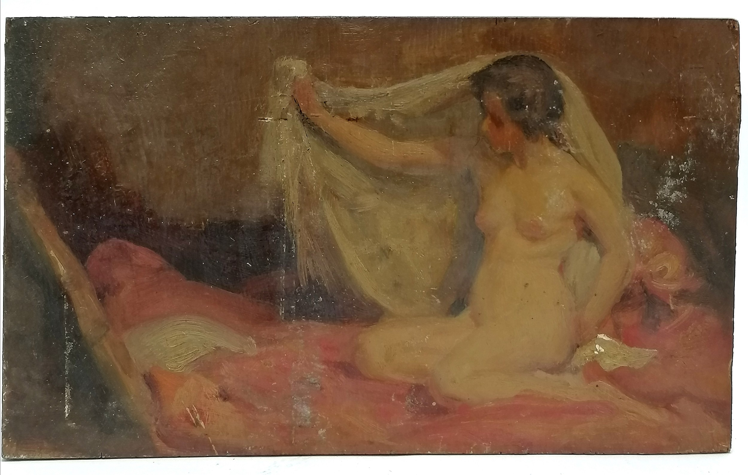 Henry James Haley (1874-1964) oil painting on board of a kneeling nude lady - 25.5cm x 15.3cm ~