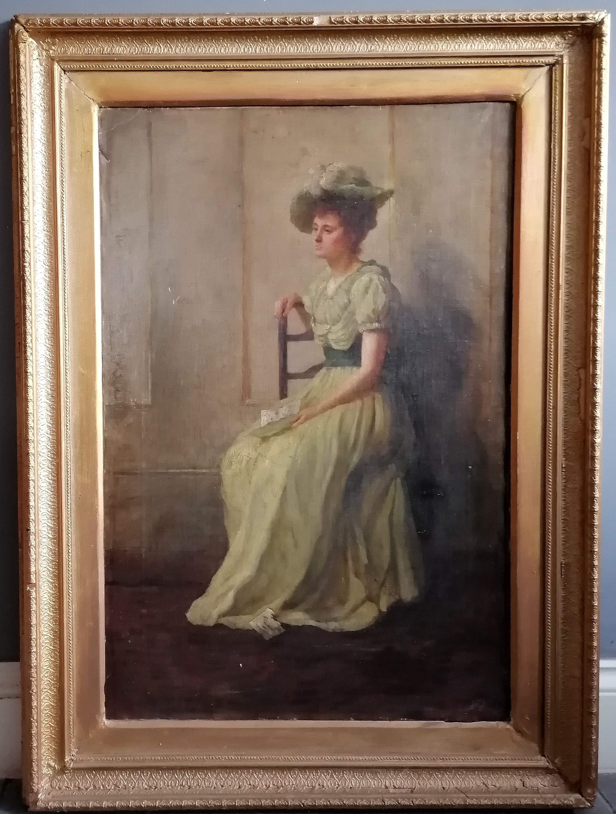 Large oil on canvas painting of a seated lady (self portrait?) by Harriet Staite - frame 116cm x