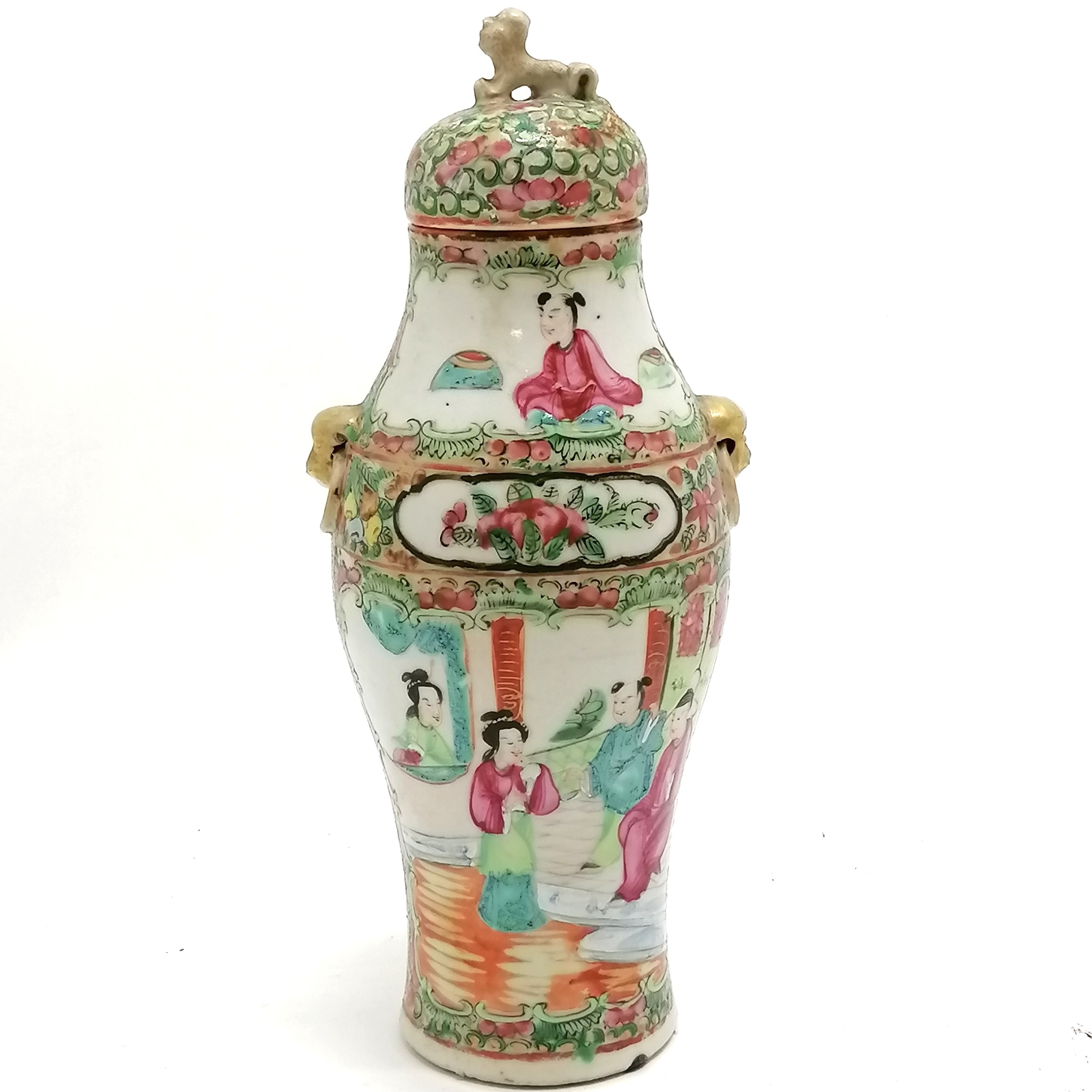 Antique Chinese Cantonese baluster vase with cover terminating with figural dog of fo - total height