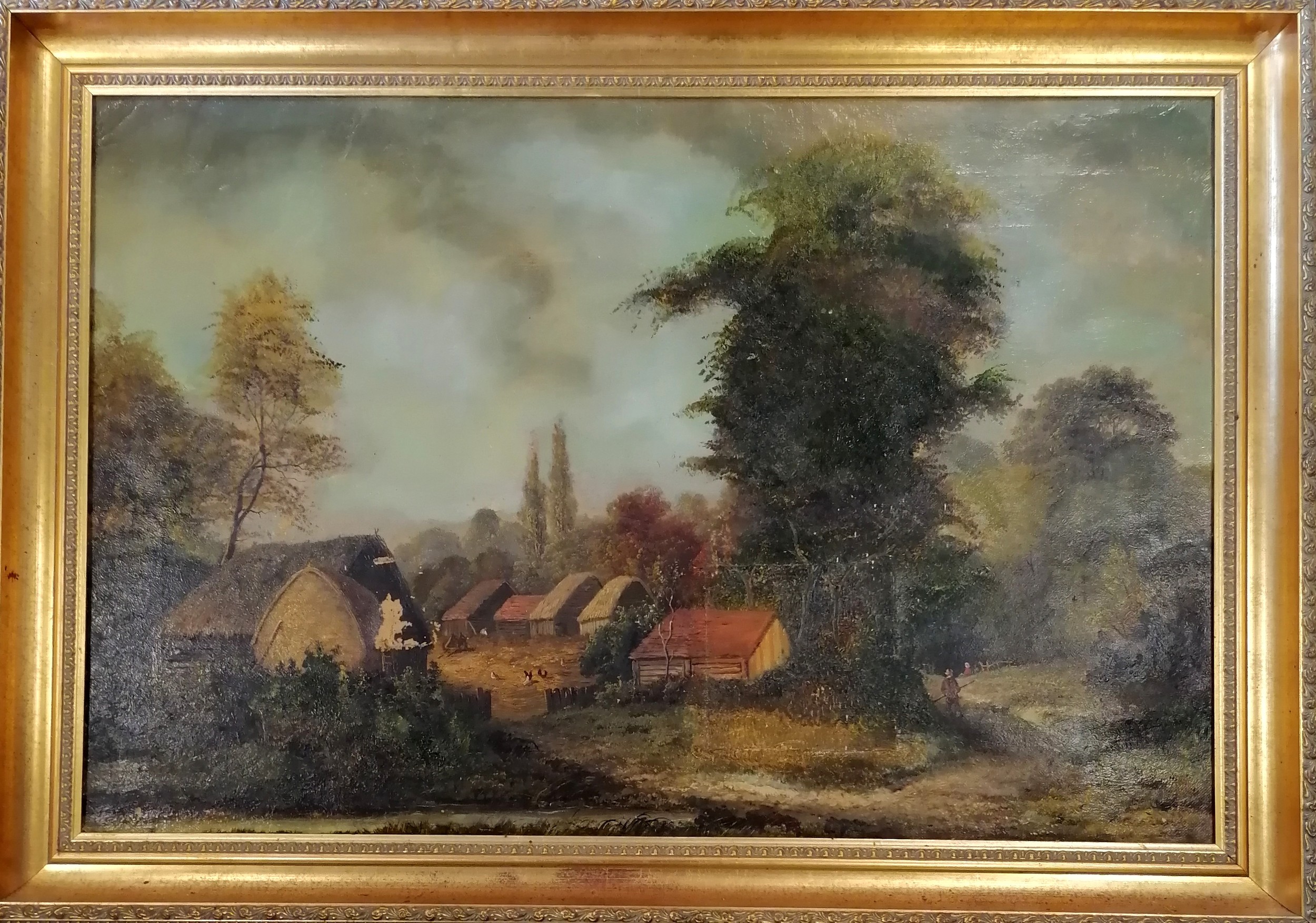 Oil on canvas of cottages in the woods unsigned, framed 88cm x 62cm - has damage