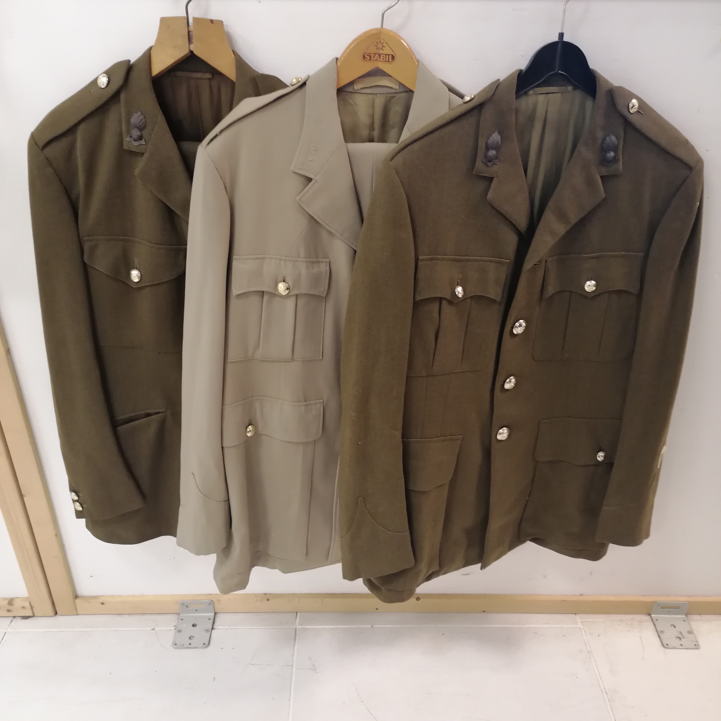 3 Royal Artillery Officers tunics, 2 sets with trousers C 1966-70 96cm chest approx. 1 jacket has