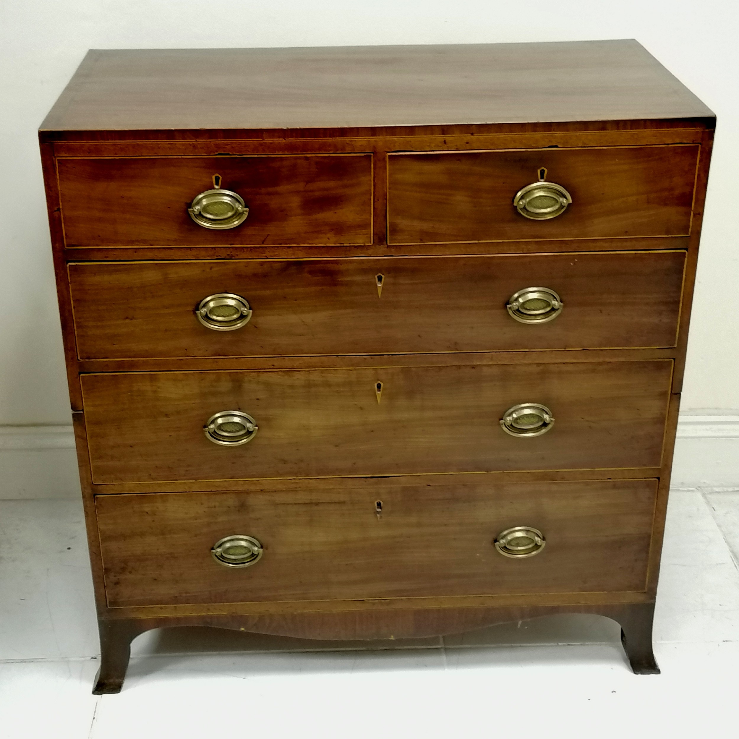 Antique Mahogany 2 over 3 drawer chest with splayed bracket feet, has been cut into 2, 97 cm wide