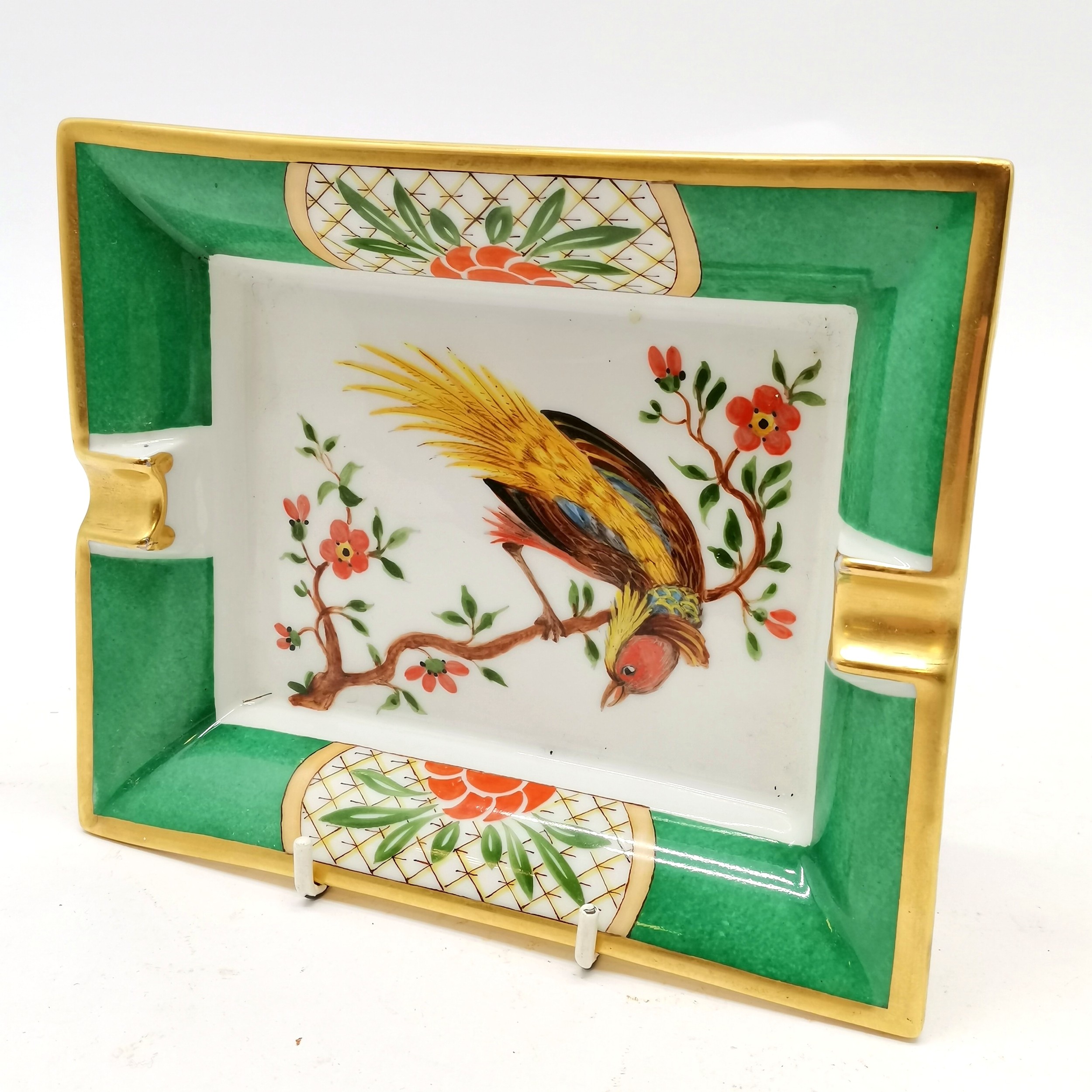 Hermes Paris Made in France Porcelain ash tray, decorated with exotic bird within green and floral
