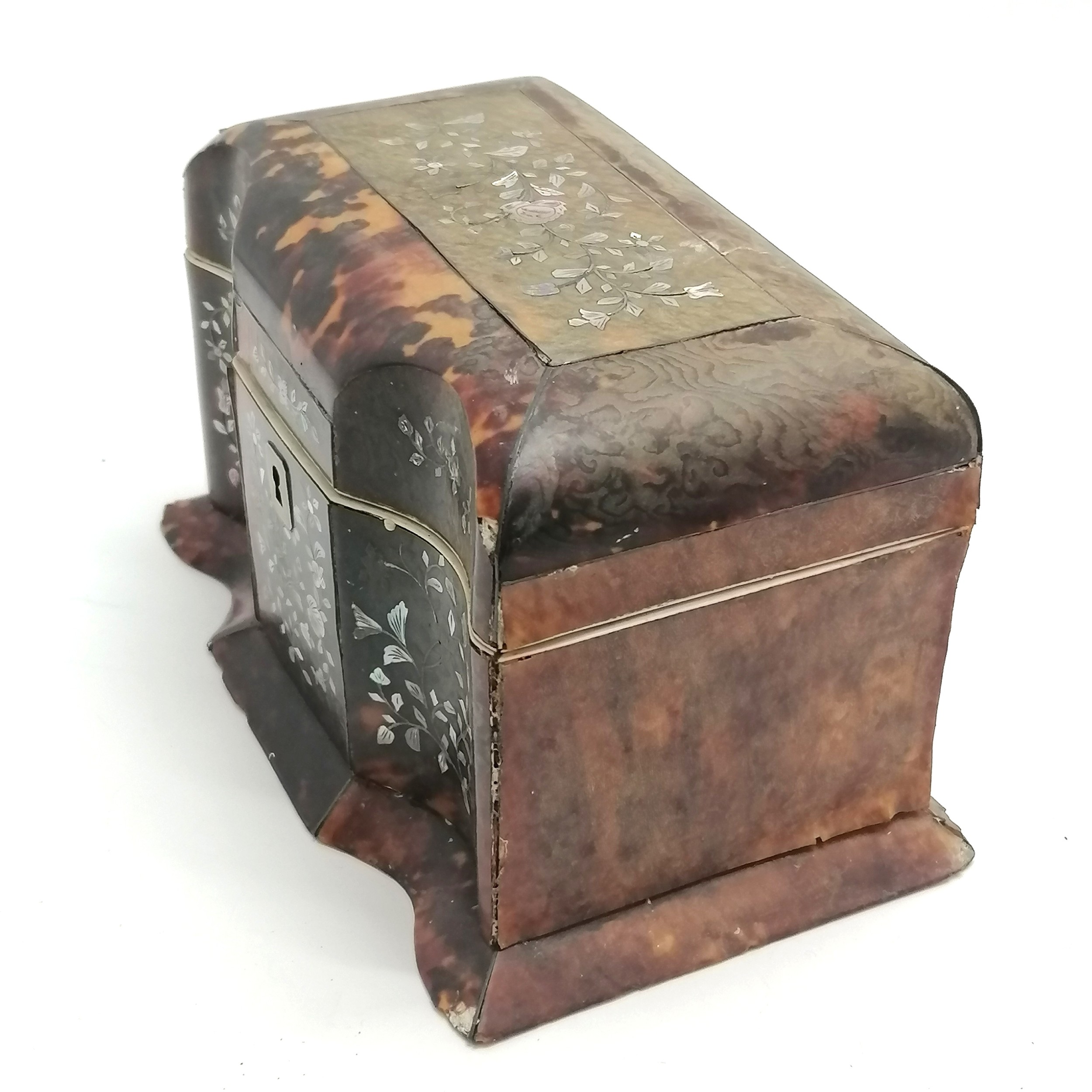 Antique tortoiseshell and mother of pearl tea caddy for restoration 20cm x 12cm x 12cm high - Image 7 of 8