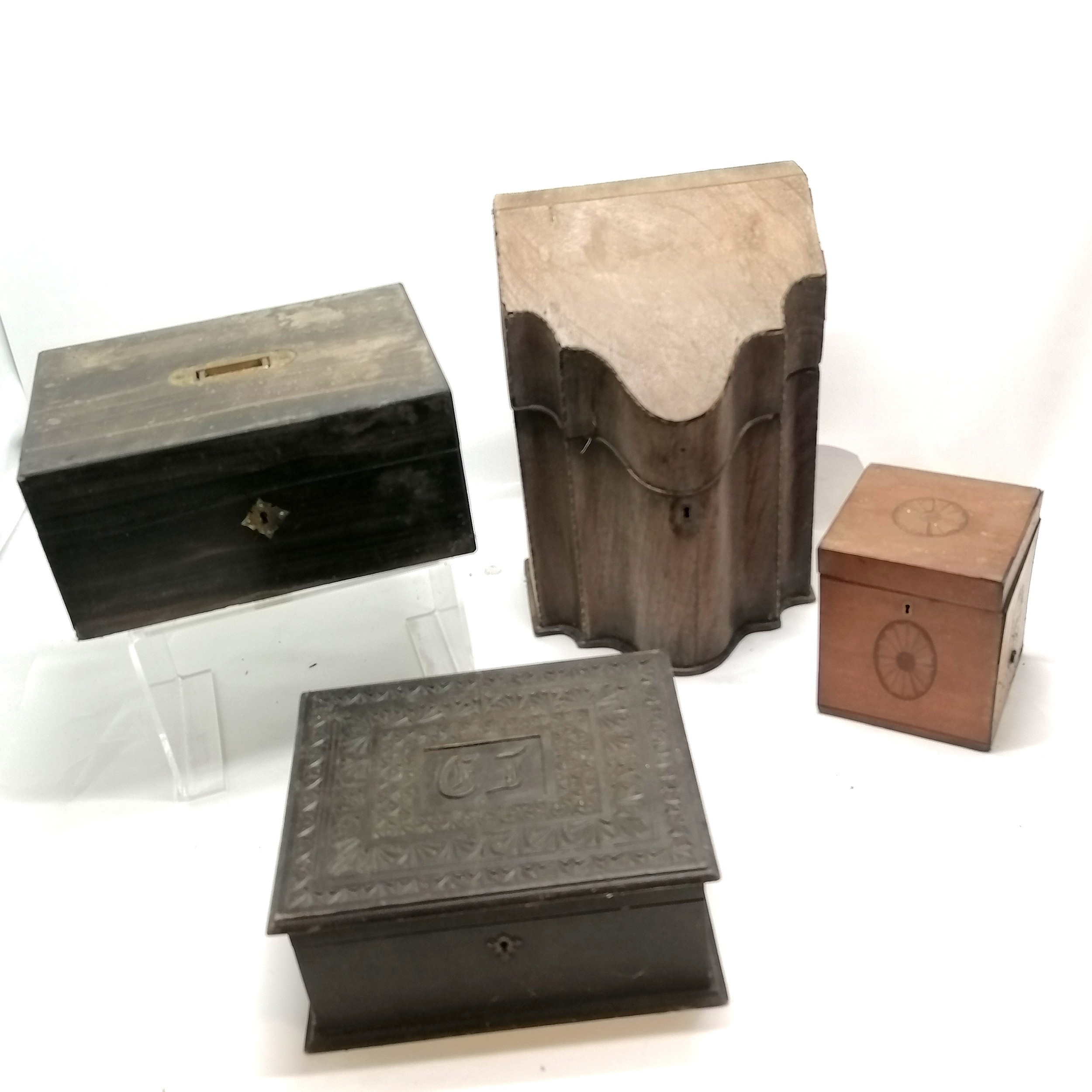 4 antique boxes incl. converted Georgian knife box 34cm high x 23cm x 18cm deep - all for