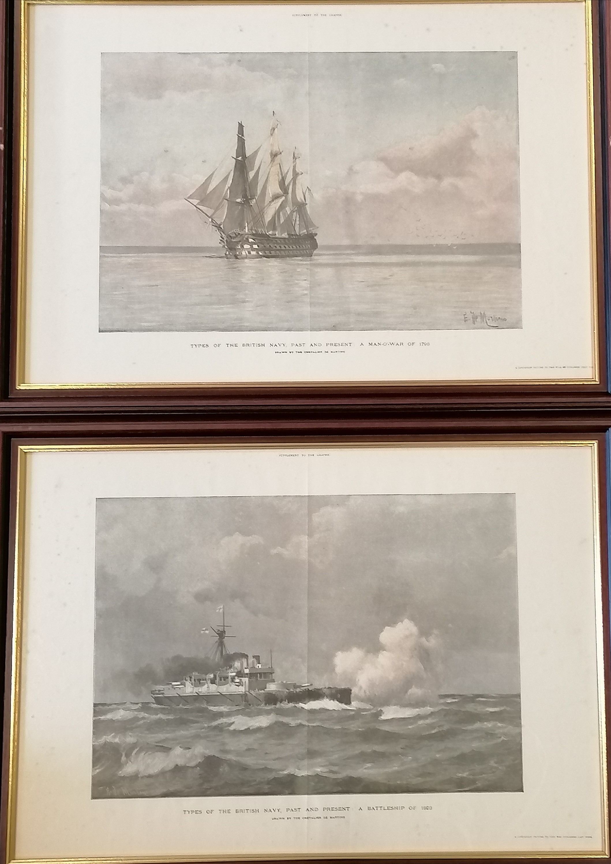 2 x framed Types of the British Navy, past and present prints - frame 47cm x 65cm ~ marks to 1 frame