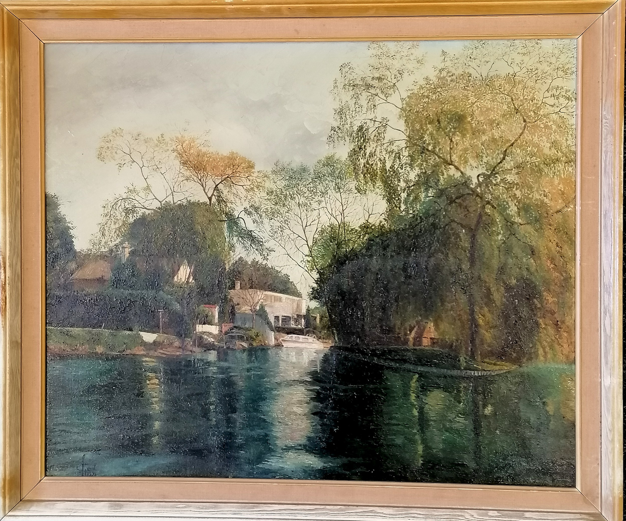 1971 original signed oil painting on canvas of a river with riverside house- Runnymede? - 58.5cm x