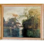 1971 original signed oil painting on canvas of a river with riverside house- Runnymede? - 58.5cm x