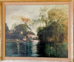 1971 original signed oil painting on canvas of a river with riverside house- Runnymede? - 58.5cm x