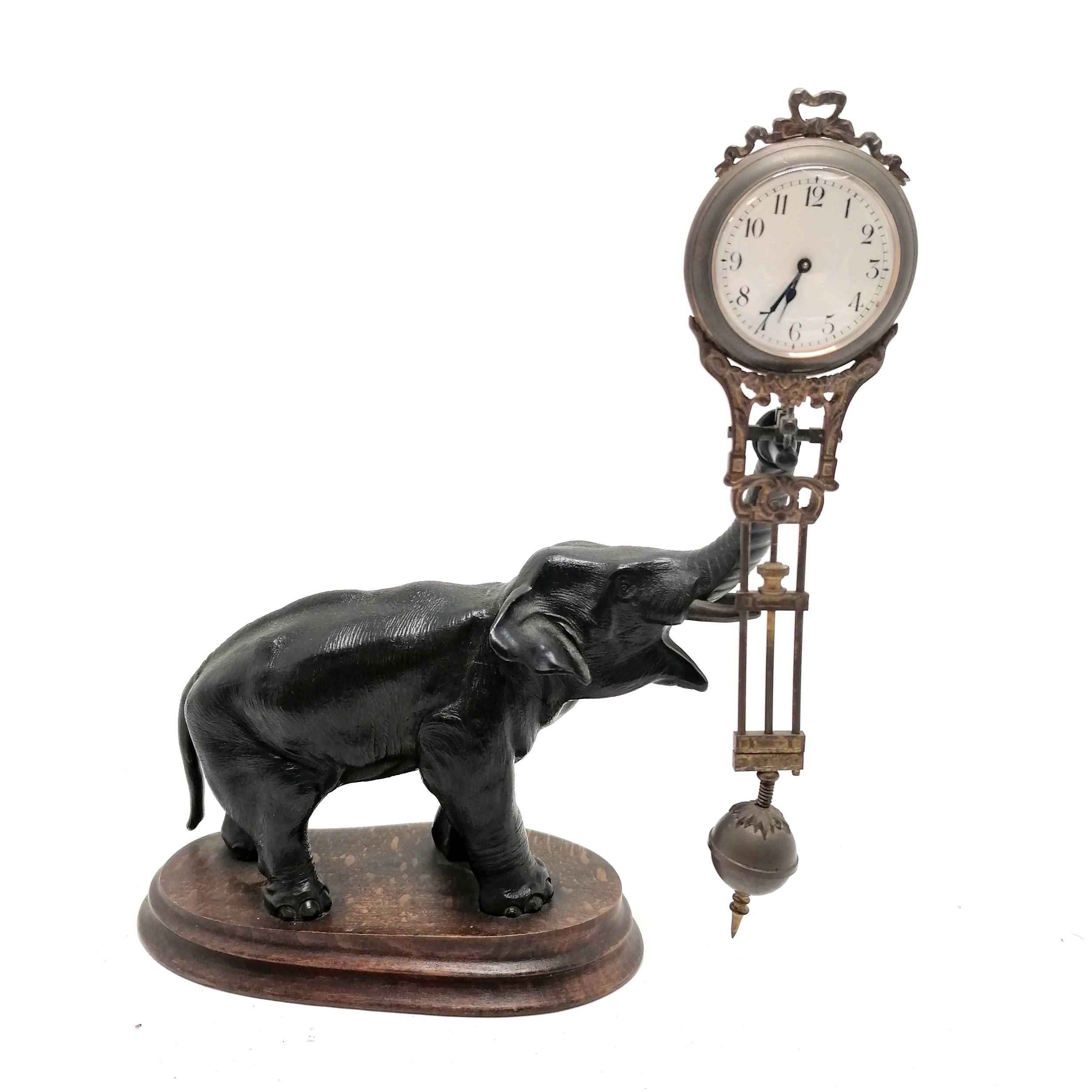 Antique French bronze Elephant pendulum clock on a wooden base 28cm high - the pendulum is bent - Image 8 of 8
