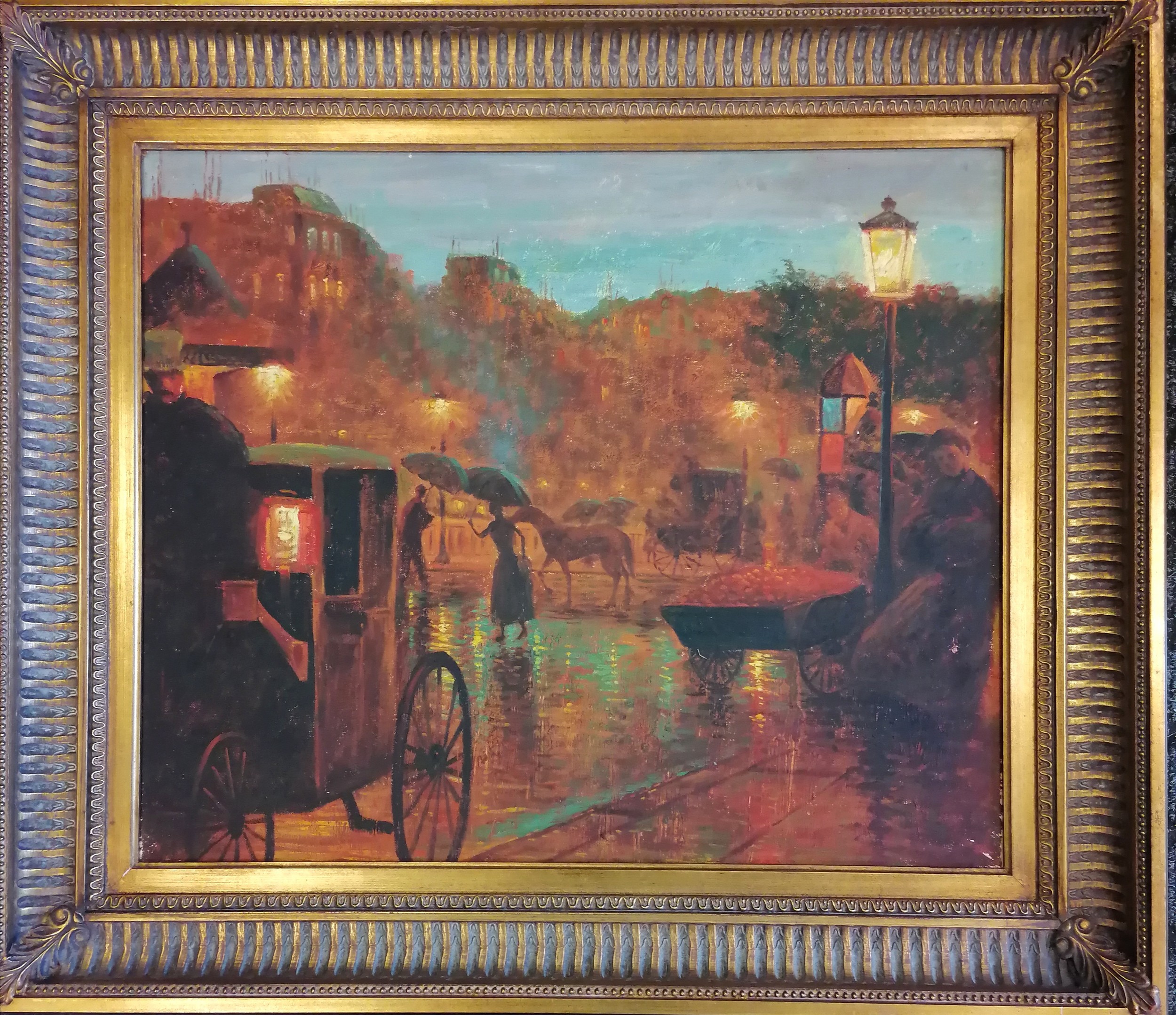 Oil on canvas of a French street scene with orange seller - frame 68.5cm x 79cm