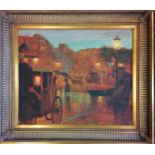 Oil on canvas of a French street scene with orange seller - frame 68.5cm x 79cm