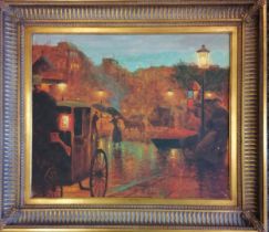 Oil on canvas of a French street scene with orange seller - frame 68.5cm x 79cm